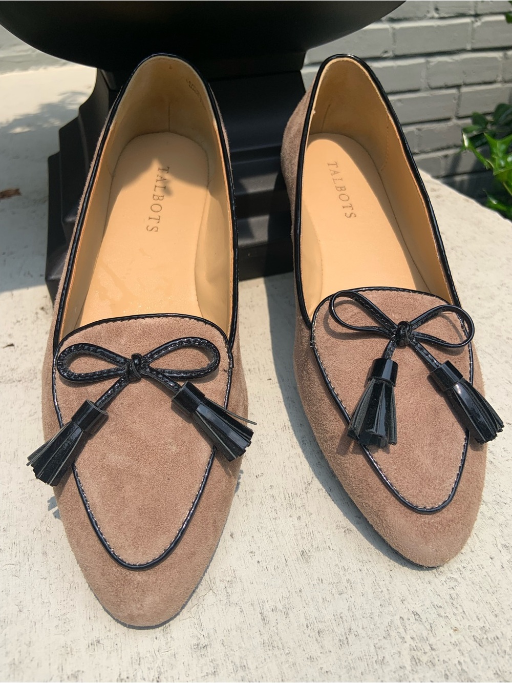Talbots NWOT Taupe Suede Loafers with Black Trim & Tassels